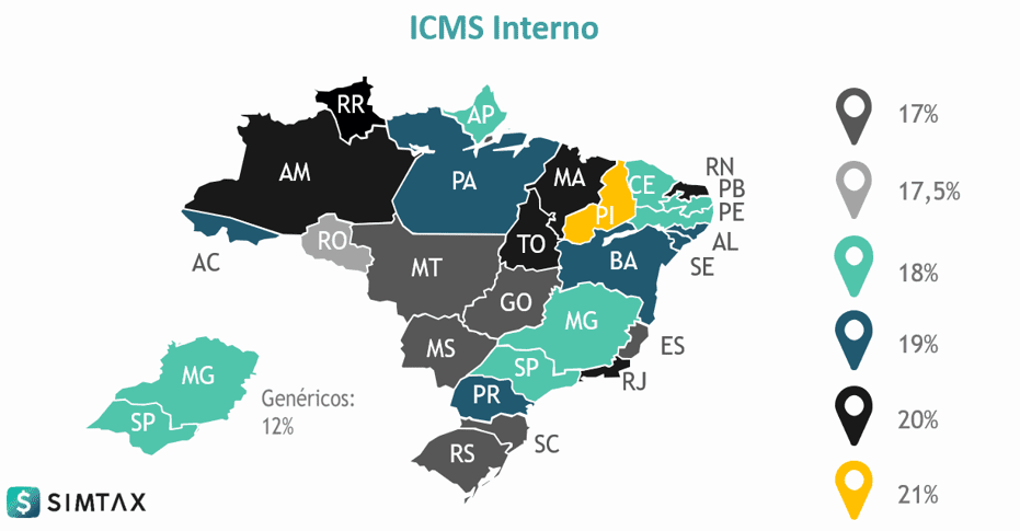 Mapa do ICMS com a aliquota de medicamento por estado